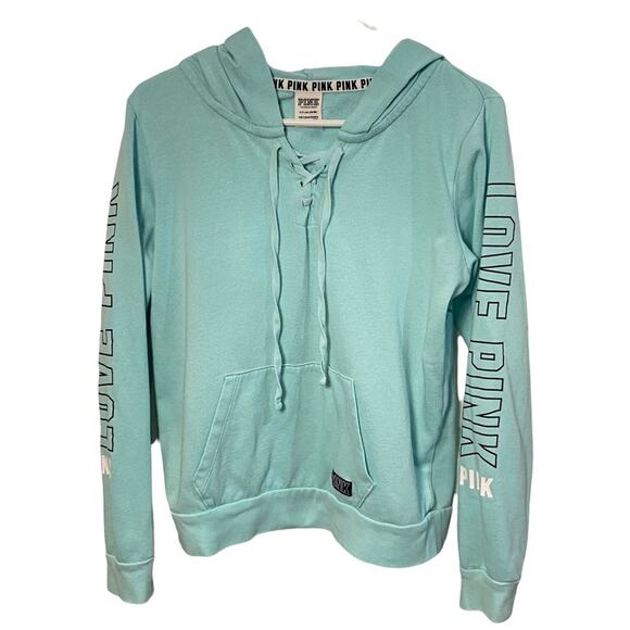 Victoria's Secret Pink Lace-Up Pullover Logo Hoodie Morning Sky Teal Blue S - Picture 1 of 6